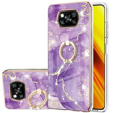 Imagem de Monwutong Capa de telefone para Xiaomi Poco X3 NFC, IMD mármore padrão brilhante anel suporte capa para meninas, lente de câmera e capa de proteção de tela para Xiaomi Poco X3 NFC, ZHDD roxo