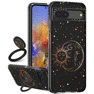 Imagem de Toycamp Capas de telefone para Google Pixel 6A preta | com suporte de anel, lindo sol lua estrelas fantasia, design de impressão com glitter, capa, para mulheres, meninas, meninos, adolescentes