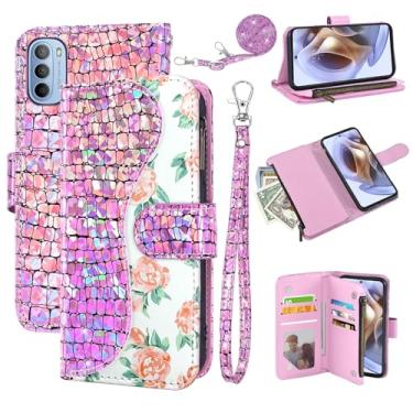 Imagem de Dibosom Capa carteira floral para Motorola Moto G31/G41 com alça de pulso alça de ombro flip zíper bolsa porta-cartão, suporte brilhante brilhante para celular MotoG31 MotoG41 G 31 41 rosa