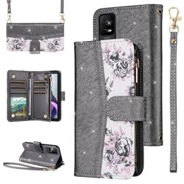 Imagem de Furiet Capa carteira floral Metro TCL Ion X/Ion V/40Z T607DL com zíper e alça de ombro, capa de telefone com suporte de cartão de couro PU com glitter de luxo para IonX T430W IonV 2023 preta