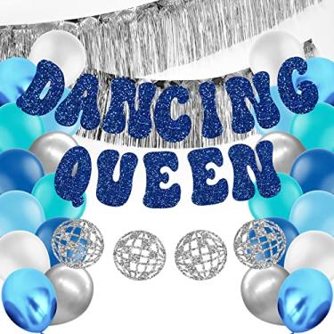 Imagem de HOMEZZO Dancing Queen Party Decorations, Glitter Dancing Queen Disco Ball Banner Silver Fringe Banner para Mamma Mia Festa Decorações Aniversário Casamento