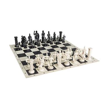 Imagem de Conjunto de xadrez romano – tabuleiro de xadrez de vinil preto/branco – Tamanho 43, 7,6 cm + peças de xadrez romano 9,4 cm preto/branco
