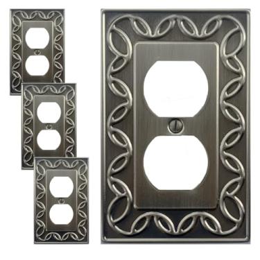 Imagem de OKAWYC Placa de cobertura de tomada duplex única, pacote com 4 unidades de estanho de cetim escovado antigo níquel NovaBloom placa de parede de metal 1 gangue, capa de interruptor de luz, capa de