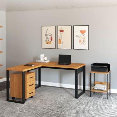 Imagem de Kit Escritório Escrivaninha em L com Gaveteiro e Mesa Auxiliar em MDF 