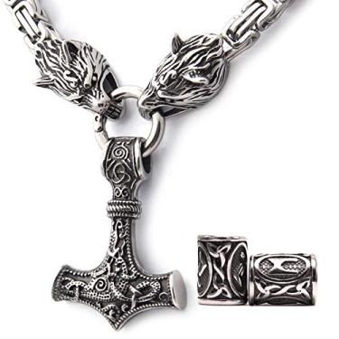Imagem de GUNGNEER Colar masculino com pingente de martelo Thor Mjolnir Viking com cabeça de lobo, corrente de rei quadrada, aço inoxidável 316L, 2 contas de runas para presente, Aço inoxidável