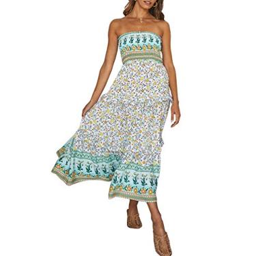 Imagem de ZESICA Vestido longo maxi feminino de verão boêmio estampado floral sem alças para festa na praia, Verde claro, GG