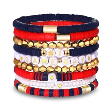 Imagem de VOGUEKNOCK Pacote com 9 pulseiras femininas empilháveis Heishi com contas elásticas para fãs de futebol americano, esportes, jogos, equipes, joias, acessórios, presentes, one size, Vinil, Sem Pedra