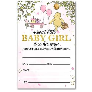 Imagem de brayqu Winnie the Pooh Convites para festa de chá de bebê rosa chá de bebê menina convites de festa (20 cartões com envelopes)