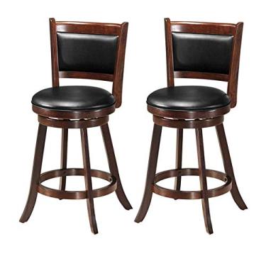 Imagem de HAPPYGRILL Conjunto de 2 banquetas de bar, banco de bar giratório de madeira, banco de bar giratório de 360 graus com assento acolchoado de PVC