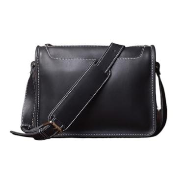 Imagem de Bolsa de ombro masculina vintage, bolsa crossbody de couro genuíno para homens, bolsa mensageiro de 12,9 polegadas, bolsa para laptop(Black)
