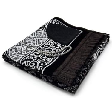 Imagem de ESERRA Tapete de oração de veludo tudo em um conjunto para o Islã - Tapete de oração muçulmano grosso, chapéu Kufi preto, pedra jaspe, 33 contas de oração, estojo de viagem de algodão - presentes