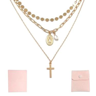 Imagem de K-toobeely Colar em camadas cruzadas, pingente feito à mão, banhado a ouro, delicado, multicamadas, colares femininos, elegantes e minimalistas, pingentes de crucifixo, corrente simples, colar