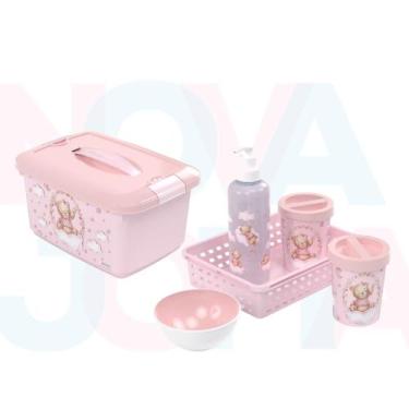 Imagem de Kit Higiene 5 Peças + Caixa Organizadora Ursa Rosa - plasutil