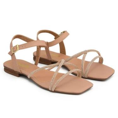 Imagem de Sandália Feminina Rasteirinha Ajustável em Tiras de Strass Brilhante T