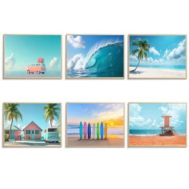 Imagem de CEKEIOLMLW Decoração de arte de parede de paisagem de praia, pôsteres costeiros tropicais de verão oceano, estampas de praia de galeria preppy, decoração de quarto de ônibus rosa, imagens de praia 20