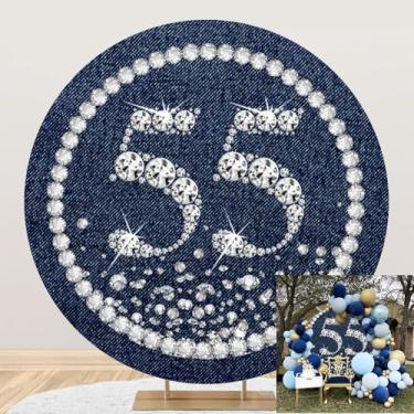 Imagem de TTQYFNM 2,1 x 2,1 m Happy 55th Birthday Round Backdrop Cover Sparkling Diamonds Denim Blue Circle Photography Background for Women 55th Birthday Party Decor Banner Photo Studio Props