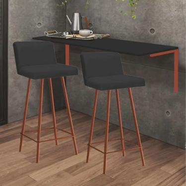 Imagem de Kit Mesa Suspensa de Parede Fixa mdf Preto + 2 Banquetas Lexi Ferro Bronze Corino Preto...