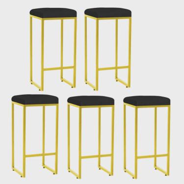 Imagem de Kit 05 Banqueta Alta Lara Para Cozinha Bar Balcão Bistrô Churrasqueira Ferro Dourado Corino Preto - Ahz Móveis