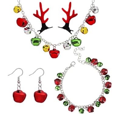 Imagem de HUASAI Brincos de sino de natal conjunto de pulseiras de colar para mulheres bonito vermelho verde sininho brincos para meninas adolescentes conjunto de joias de natal brincos pendentes presentes de Natal, Metal, outro