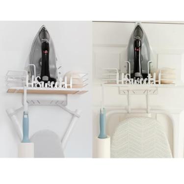 Imagem de 40,6 cm x 15,2 cm x 34,3 cm sobre a porta/suporte de parede de aço inoxidável para tábua de passar roupa com organizador de prateleira de ferro de madeira para pequenos espaços, garagem, banheiro,