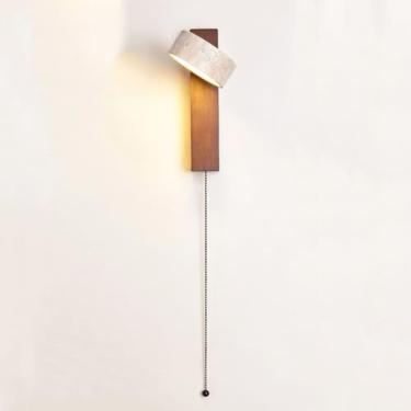 Imagem de Luminária de parede giratória de madeira LED 9W com pedra de mármore natural e interruptor de corrente, estilo rústico vintage de meados do século, para quarto, sala de estar e cozinha