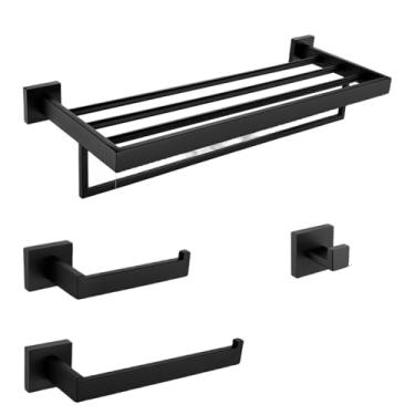 Imagem de Toalheiro de gancho preto fosco 304 barra de toalha de aço inoxidável prateleira dupla suporte de papel suporte de papel suporte de escova de vaso sanitário, suporte de lenços, tamanho único (conjunto