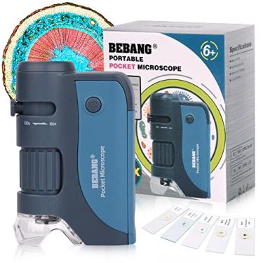 Imagem de Microscópio de bolso, mini microscópio portátil de 60 x 120 x com luzes LED, 5 amostras de slides, microscópio portátil BEBANG para crianças, estudantes, adultos, estudo de laboratório de observação