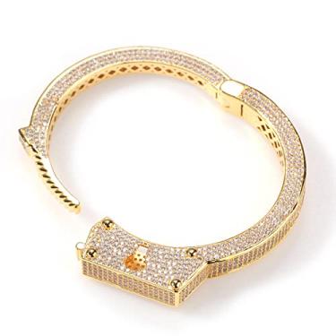 Imagem de ICEDIAMOND Pulseira masculina com design de algema hip hop banhada a ouro branco, pedras de zircônia brilhante com microconfiguração e fivela serrilhada longa, F, Latão, Zircônia cúbica