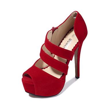Imagem de OCHENTA Sandália feminina salto alto plataforma peep toe formatura salto alto com zíper vazado salto sexy, Veludo vermelho, 41
