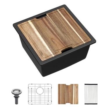 Imagem de Pia de cozinha externa de 45,7 x 45,7 cm (45,7 x 45.7 cm) embaixo da montagem embaixo da barra composta de granito preto para estação de trabalho, tigela única para trailer, pequenas pias externas com