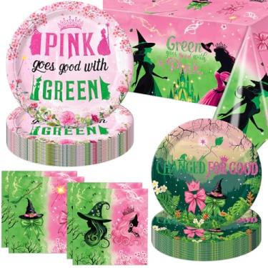 Imagem de Practice Star 41pcs Witch Party Decorations Include 10pcs Pink Plates, 10pcs Green Plates, 20pcs Napkins, Tablecloth for Pink and Green Birthday Decorations