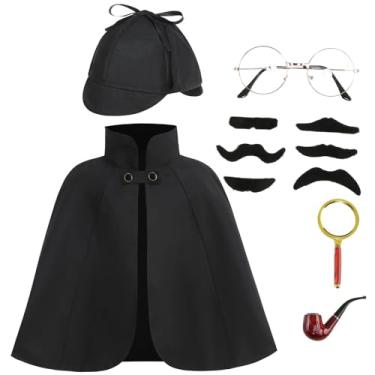 Imagem de AGCOAH Fantasia infantil de Sherlock Holmes, fantasia de detetive preta, 6 peças com chapéu e bigode disfarce, lupa, Halloween, cosplay, 3 a 12 anos