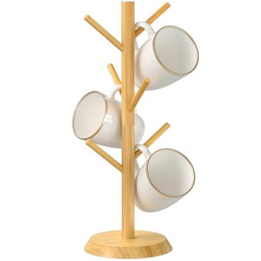 Imagem de MaxGear Caneca de café de bambu árvore, rack de caneca, suporte de copo de café para bancada, suporte de copo de café de madeira, suporte para caneca de café com 6 ganchos