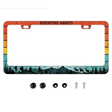 Imagem de Adventure Awaits Moldura de placa de carro florestal retrô para carro peças decorativas personalizadas
