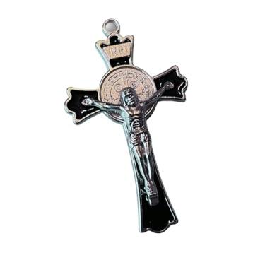Imagem de Crucifixo de São Bento de 7,6 cm premium – Cruz esmaltada preta com medalha prateada – proteção espiritual católica e presente de bênção – carro, cordão, pendurado