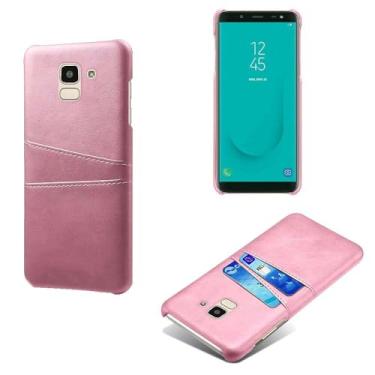 Imagem de Capas Compatível com Samsung Galaxy J6 (2018),Caso de couro PU-Tampa de telefone a prova de choque com 2 slots de cartão,Proteção anti-impressão digital e anti-gota-Pink