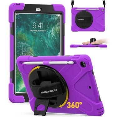 Imagem de BRAECN Capa infantil para iPad 6ª/5ª geração, capa protetora resistente com suporte para caneta, alça de mão, suporte e alça de ombro para iPad 6ª geração de 9,7 polegadas, tablet roxo