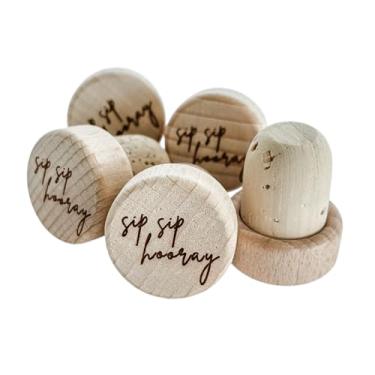 Imagem de Rolha de garrafa de vinho personalizada - "Sip Sip Hooray" - 5 peças de cortiça real gravada de madeira T-stopper lembrancinha de casamento chá de panela presente de despedida de solteira vedação