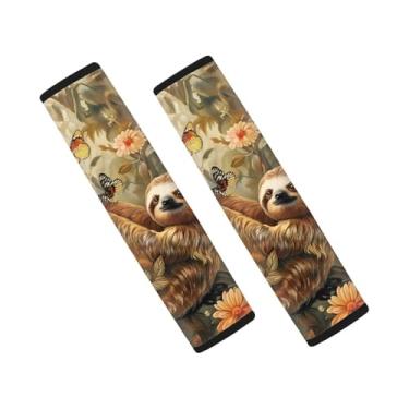 Imagem de Fipuivrn Pacote com 2 capas de cinto de segurança de carro com estampa de borboleta, margarida, folha de palmeira, antiderrapante, proteção de ombro, cinto de segurança confortável, almofada de ombro