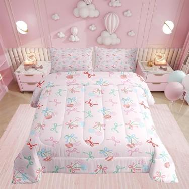 Imagem de Erosebridal Conjunto de edredom Queen com laço rosa, fofo, para crianças, meninos, meninas, adolescentes, todas as estações, com estampa kawaii, cereja, geométrico, quente, macio, edredom com 2