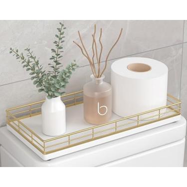 Imagem de Organizador de cesta de papel higiênico – Bandeja de vaso sanitário de madeira de carvalho com moldura de metal, parte traseira do tanque ou balcão de banheiro superior – decoração moderna dourada e