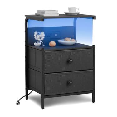 Imagem de Ymesiyou Mesa de cabeceira com estação de carregamento e luzes LED, mesa lateral com 2 gavetas de tecido, mesa de cabeceira para quarto, mesa de centro de armazenamento de 3 níveis, sala de estar (1