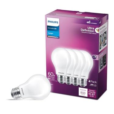 Imagem de Lâmpada LED Heywood Philips A19 regulável, fosca, ultra definição, tecnologia EyeComfort, 800 lúmens, luz do dia (5000K), 8W=60W, base E26, certificado título 20, (576132) pacote com 4