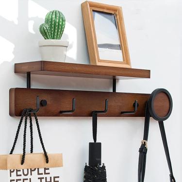 Imagem de Cabide Montado Na Parede Com Prateleira De Armazenamento Cabide De Madeira Ganchos Para Corredor Banheiro Sala De Estar Quarto, Brown, 49.5 * 6cm