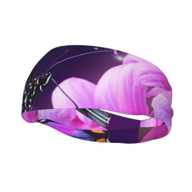 Imagem de Bandanas de corrida para homens e mulheres, faixas de suor com borboletas roxas e flores, absorção de umidade, faixas esportivas para suor, moda, lenço de cabeça atlético, faixa de cabelo elástica
