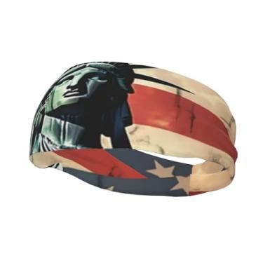 Imagem de Bandanas de corrida para homens e mulheres, estátua, liberdade bandeira americana, faixas de suor esportivas que absorvem a umidade, lenço de cabeça atlético, faixa de cabelo elástica para tênis