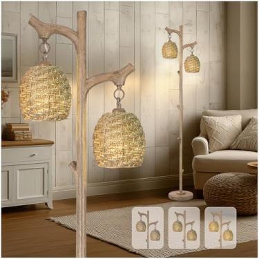 Imagem de Scenekoy Candeeiro de chão vintage de 172 cm de altura com sombra de corda de palha, luminária de resina retrô, acabamento de tronco de árvore, lâmpada de canto regulável, luminária de pé com lâmpada