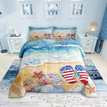 Imagem de Manfei Conjunto de edredom de praia do Havaí, tamanho king, chinelos à beira-mar, bandeira americana, para quarto de adultos, concha de estrela-do-mar costeira de verão, edredom de penas em aquarela