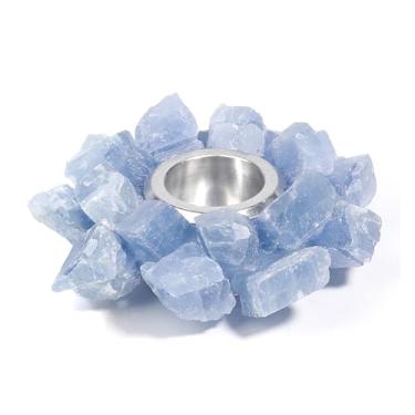 Imagem de Castiçal de cristal de quartzo rosa natural para vela de chá ornamentos de castiçal de casamento europeu, sala de estar, decoração moderna e macia (calcita azul (6,9 cm sem vela))