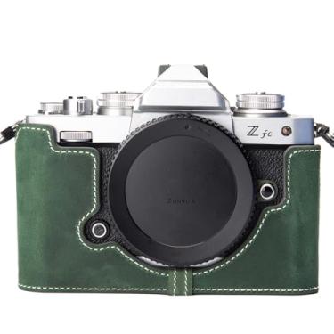 Imagem de ZFC Capa de câmera vintage de couro legítimo, protetor de câmera meio envoltório para Nikon Z fc (linha verde-branca)